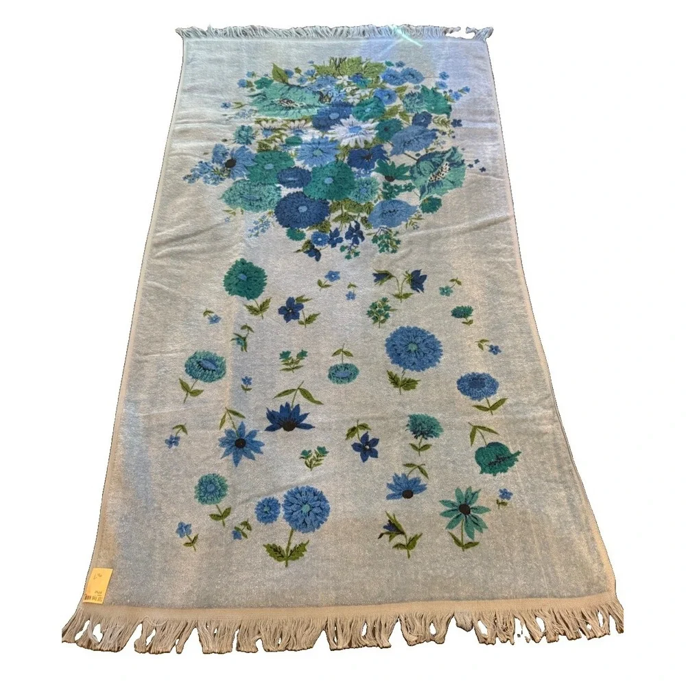 Vintage Blue Floral Fringe Bath Towel Washcloth Set Bon Marche 45x24 Cotton Tags